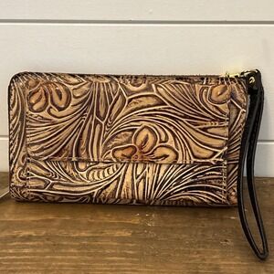 Patricia Nash Hand Tooled Leather Floral Wallet Wristlet Clutch Brown Zip Around
